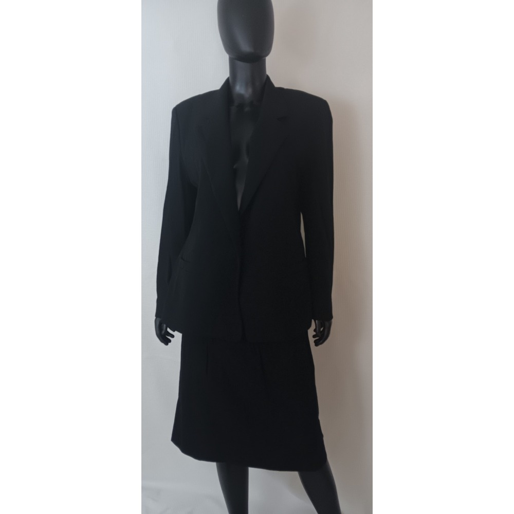 Vintage Austin Reed Petite Worsted Wool Skirt Suit Black Blazer Set Large